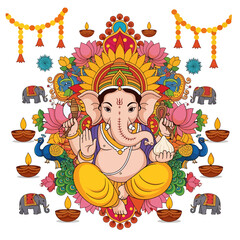 Happy Ganesha sitting in lotus surrounded by elephants, peacocks, diyas, and floral decorations, vibrant Indian festival illustration