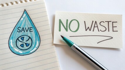 Sketch of water drop icon with handwritten message for water conservation