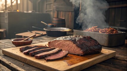 Smoked Beef Brisket with Slices Resting on a Wooden Board