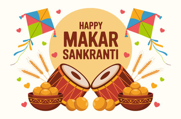 Happy Makar Sankranti Greeting with Kites, Drums, and Delicious Sweets
