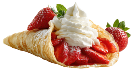 Crepe filled with fresh strawberries and whipped cream folded dessert presentation close up isolated on white background