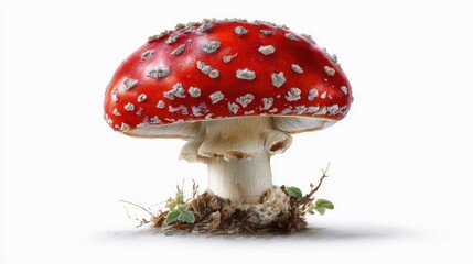 Scarlet Temptation: A close-up shot of a vibrant red mushroom, adorned with delicate white spots, stands against a simple backdrop, showcasing the beauty of its natural details.