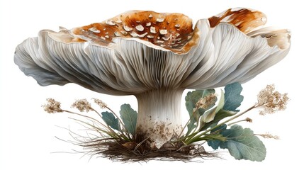 Majestic Mushroom's Underworld Symphony: A towering mushroom, its cap adorned with intricate patterns, takes center stage against a soft background, complemented by delicate foliage at its base.