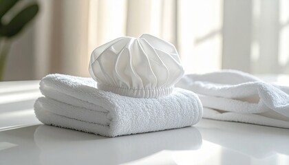 White silicone hair conditioning cap resting on a folded towel