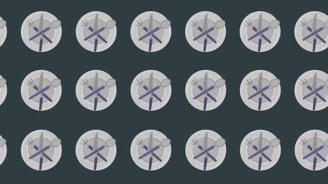 Seamless pattern of plate and cutlery cartoon icons in a tile background animation. Repeat wallpaper with the catering services symbol. Suitable for a restaurant and dining backdrop texture graphic.