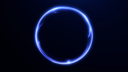 Abstract neon energy orb with glowing blue plasma ring on dark background. Futuristic digital sphere with smooth light flow, minimal sci-fi design for technology, innovation