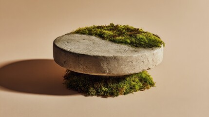 A concrete platform sits atop a bed of moss, with a second level of moss growing on top. Earthy tones with a soft gradient backdrop