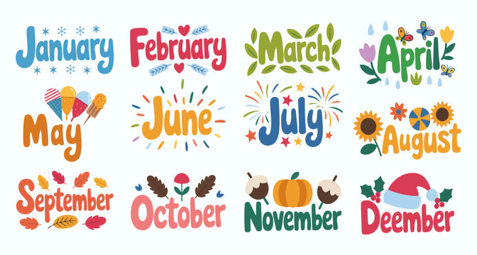 Seasonal Word Art Designs for Each Month From January to December