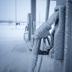Frozen gas station pumps covered in ice and snow, winter landscape, copy space