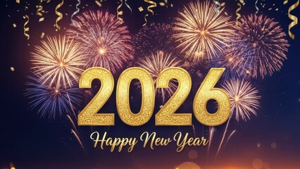 Happy new year 2026 gold numbers with festive fireworks display and sparkling confetti on dark sky