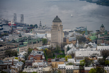 Aerial view of &Eacute;difice Price and Old Quebec City architecture by the river