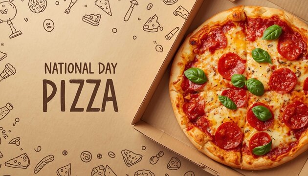 Delicious pepperoni pizza with basil leaves inside an open cardboard delivery box with pizzarelated doodles on the background
