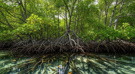 Mangrove Forest Reflection - Lush Greenery and Root Systems.