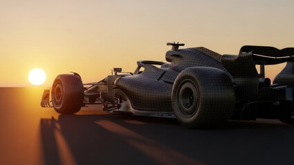 A sleek, dark racing vehicle against a vibrant sunset sky on a flat surface