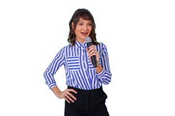 Woman speaker holding microphone delivering presentation, sharing ideas and knowledge to an audience, transparent background