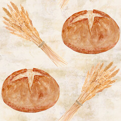 Rustic bread loaves and golden wheat watercolor seamless pattern on textured beige. Hand-painted bakery design with warm tones, perfect for packaging, kitchen decor, textile or organic food branding