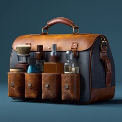 Leather travel kit with toiletries, in pouches, against blue background