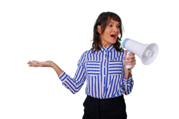 Woman communicating message with megaphone, making an announcement, presenting information, standing and talking