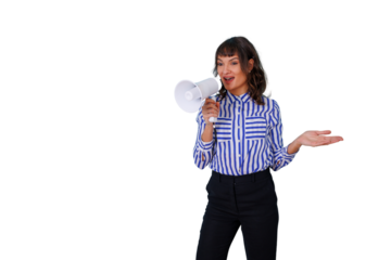Woman speaking on a megaphone, announcing news or marketing important information on transparent background