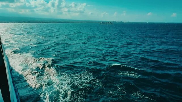 Bali, Indonesia - August 27, 2025: Car and passenger ferries cross the Bali Strait from Gilimanuk Harbor to Ketapang Harbor. View of the strait from the ferry deck. 4К