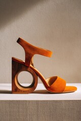 Orange suede sandal with wooden geometric heel on white surface