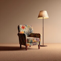 Floral armchair and lamp stand on beige carpet against beige backdrop