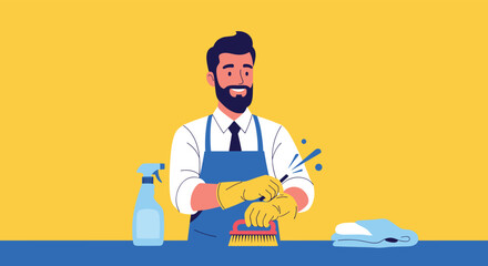 A smiling man with a beard, wearing a blue apron and yellow gloves, holds a scrubbing brush and a spray bottle, ready for household cleaning tasks.