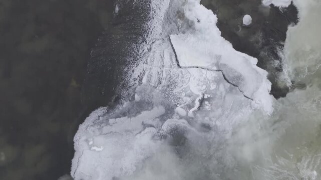 Aerial top-down view of partially frozen river with flowing water