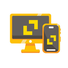 Fototapeta premium Responsive web design on desktop monitor and smartphone screen vector illustration, representing multi-device compatibility, user interface optimization, and modern digital development.