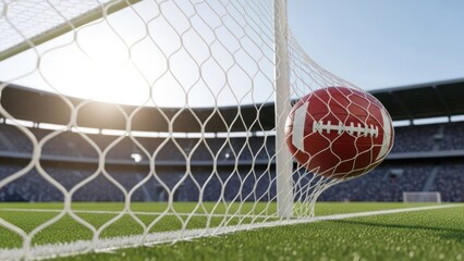 American football in soccer net at stadium, sunlit background