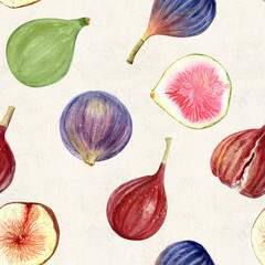 Figs watercolor seamless pattern with whole fruits and slices on cloud white. Hand painted ideal for food design, organic market, packaging, recipe books, kitchen decor, healthy lifestyle concepts