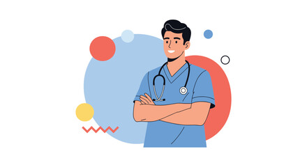 A smiling male medical professional in a blue uniform wearing a stethoscope.