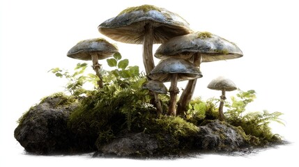 Mysterious Mushrooms: A cluster of unique mushrooms, ranging in size and shape, populates a bed of lush moss and organic matter. This earthy scene unveils the hidden wonders of the forest floor.