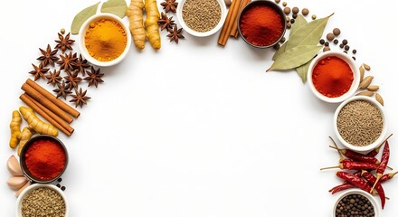 Assortment of Spices and Herbs Arranged on White Surface.
