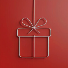 Minimalist Silver Wire Gift Box Outline Hanging on Red Background
