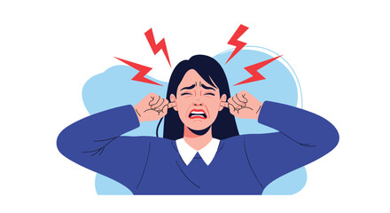 A woman is covering her ears tightly to block out loud noise that is causing her pain.
