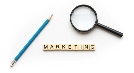 Marketing word with magnifying glass on white background, business research and analysis concept, strategy planning, brand insight, promotion and market investigation
