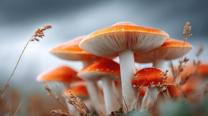 Mystical Mushroom Colony: A close-up shot unveils a cluster of vibrant orange mushrooms, nestled amidst the muted tones of the forest floor, evoking a sense of wonder and the hidden magic of nature.