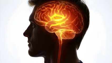 Obraz premium Glowing brain inside man's head with vibrant neural activity