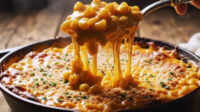 Close up of baked macaroni and cheese in a cast iron skillet with hand serving food