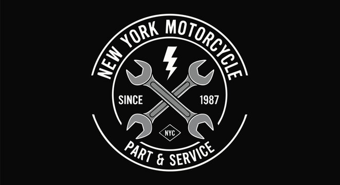 Vintage Motorcycle Repair Shop Emblem with Wrench and Lightning Bolt. Part & Service Since 1987.