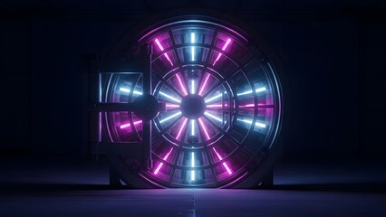 Futuristic circular bank vault door with glowing neon blue and pink lights representing cyber security