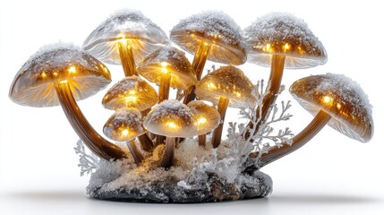 Glowing Mushroom Ornament: A cluster of enchanting mushrooms, dusted with a delicate layer of snow, illuminate with a soft, warm glow, creating a magical winter scene.