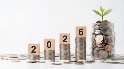 2026 financial growth concept, coin stacks and saving jar with growing plant, wooden block numbers, business investment profit and wealth accumulation, isolated white background, finance planning and 