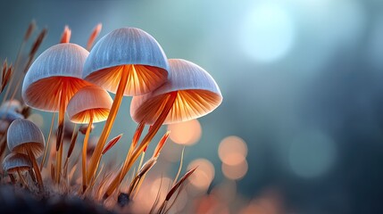 Fototapeta premium Glowing Mushrooms: A captivating close-up of a cluster of enchanting mushrooms emits a warm, ethereal glow, evoking a sense of wonder.