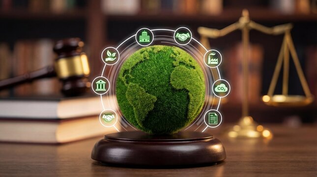 Green globe on judge gavel sound block with scales of justice, environmental law and climate justice concept, ESG corporate compliance and ecological protection regulation.