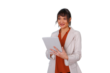 Businesswoman holding tablet, smiling, analyzing data, communicating, standing on transparent background