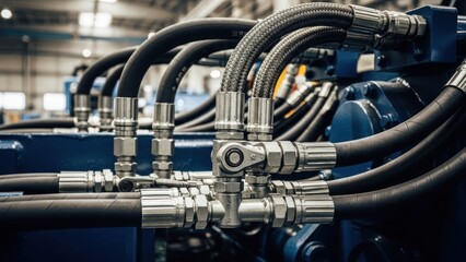 Close-up of industrial machinery featuring black hoses, metal fittings, and blue components