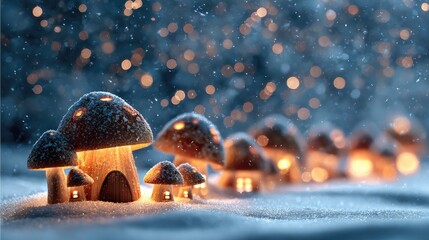 Fototapeta premium Whimsical Mushroom Village: A magical scene unfolds as illuminated mushroom houses nestled in a winter wonderland, exuding warmth and enchantment. 