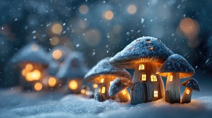 Mushroom houses in Snowfall: Charming mushroom houses, nestled in a winter wonderland, exude warmth with their glowing windows, evoking a sense of cozy enchantment as snowflakes gently fall.